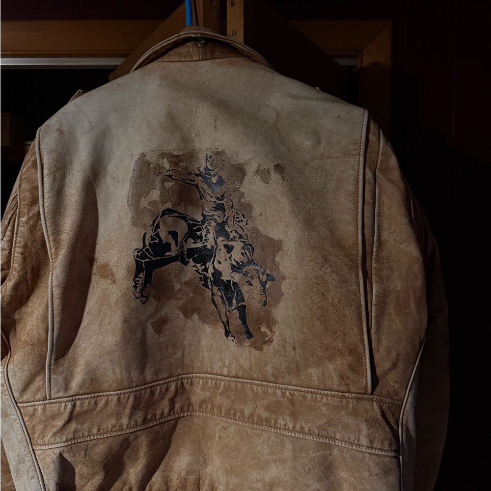 Vintage Men's Tan Leather Jacket with hand painted Cowboy Design